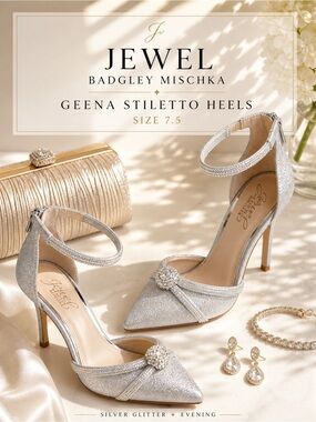 Jewel Badgley Mischka Geena Silver Glitter Stiletto Heels Size 7.5